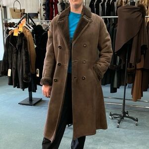 Dark Brown Shearling Lamb Double Breasted Trench Coat